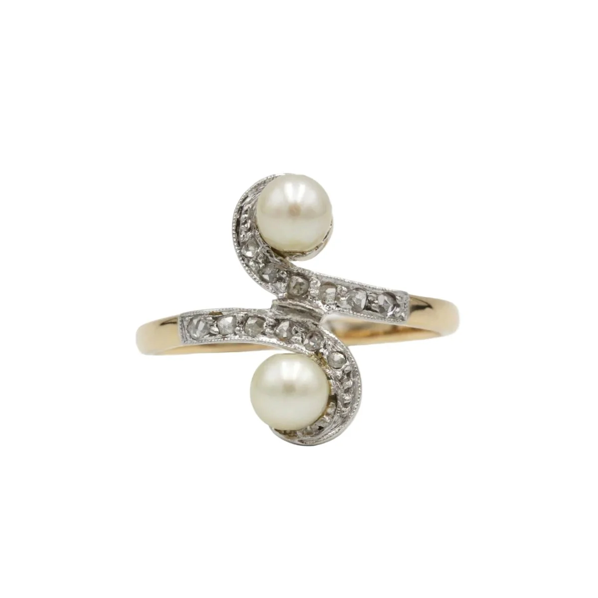 Bague Toi & Moi en or jaune, platine, perles et diamants