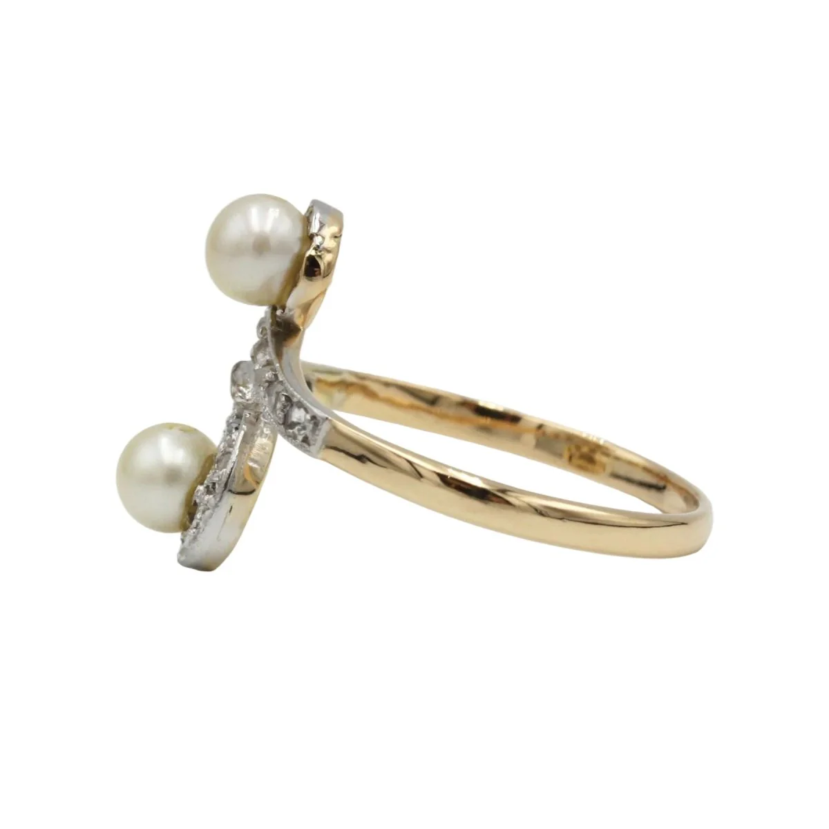 Bague Toi & Moi en or jaune, platine, perles et diamants - Image 2