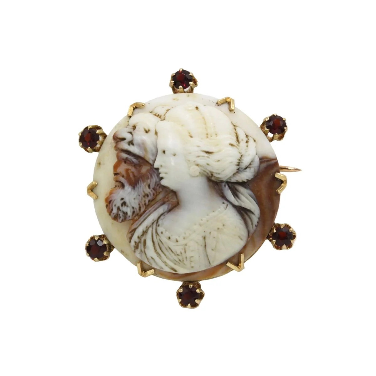 Broche Épingle en or jaune, camée coquillage et grenats