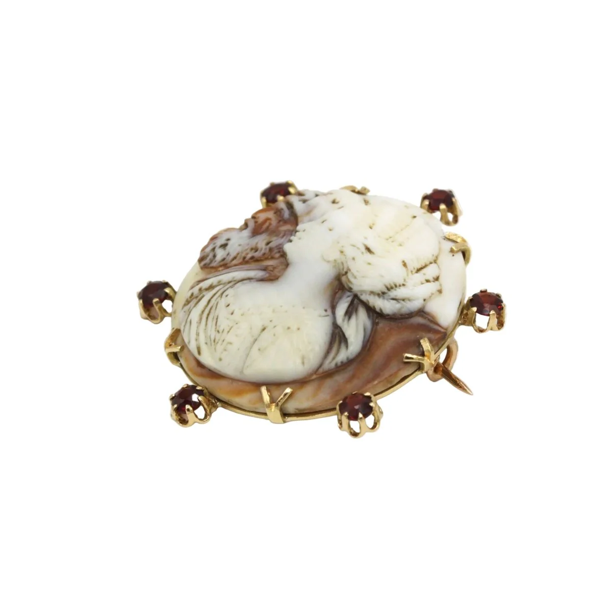 Broche Épingle en or jaune, camée coquillage et grenats - Image 2