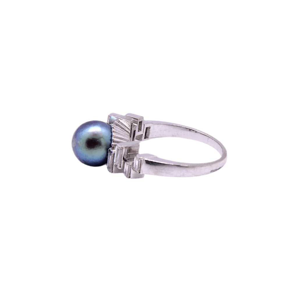 Bague Solitaire en or blanc, perle et diamants - Image 2