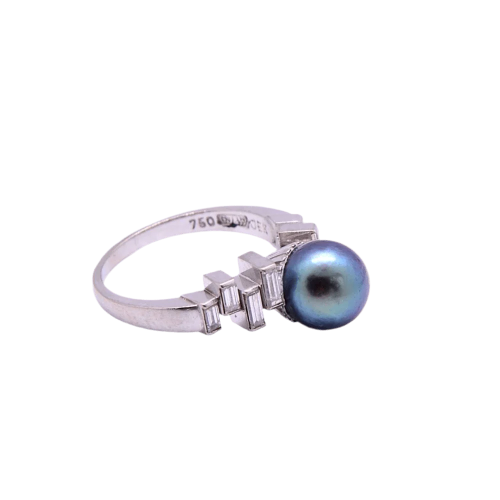 Bague Solitaire en or blanc, perle et diamants - Image 4