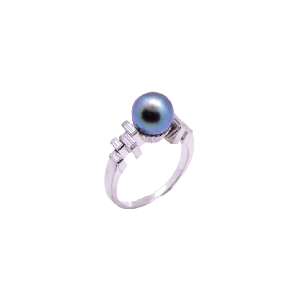 Bague Solitaire en or blanc, perle et diamants - Image 5