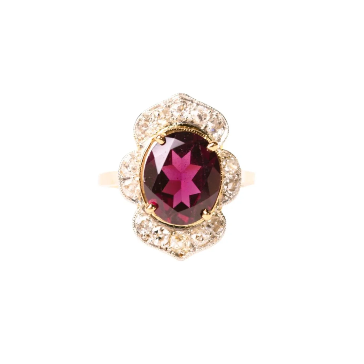 Bague marguerite en or jaune, rhodolite et diamants