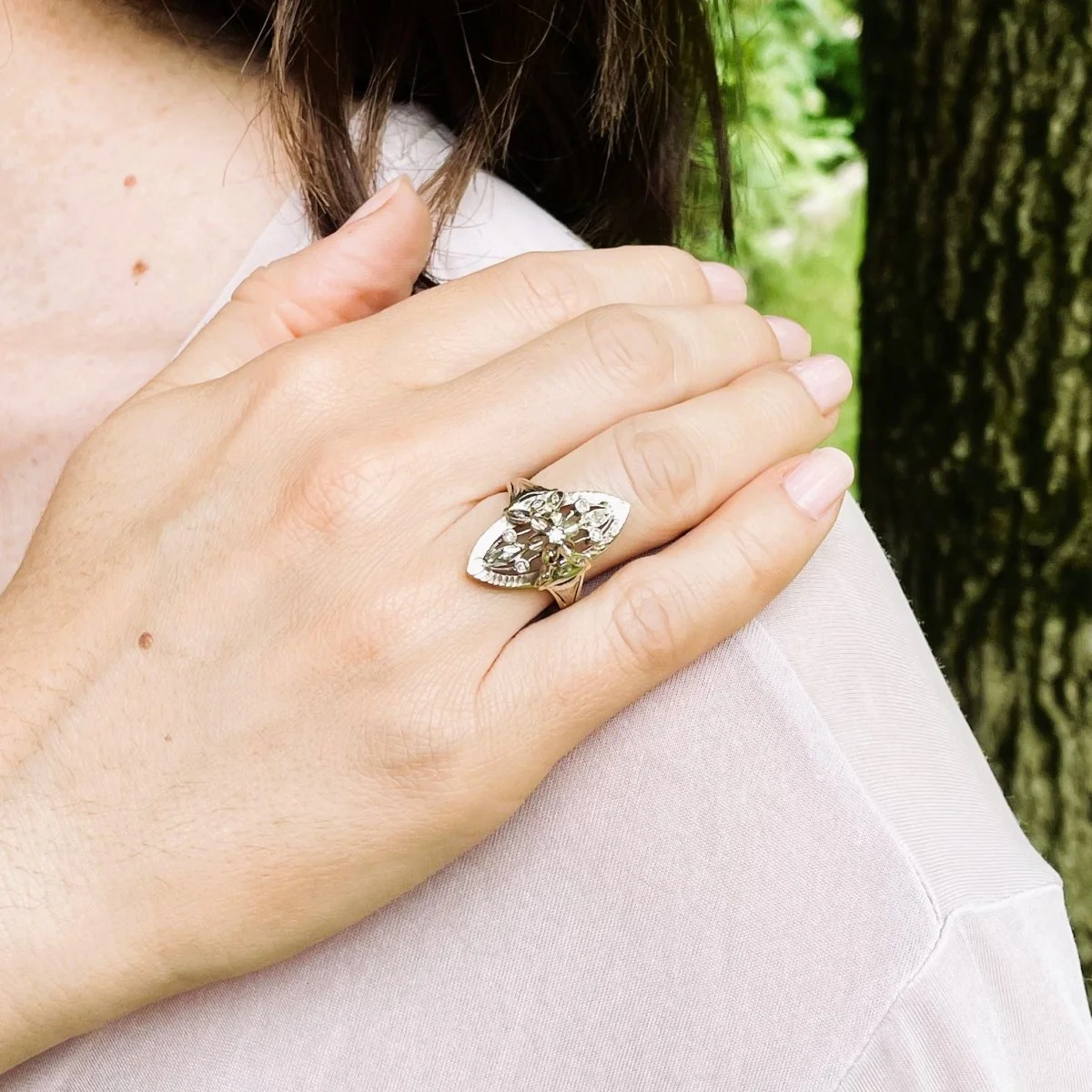 Bague marquise diamants en or deux tons - Image 5