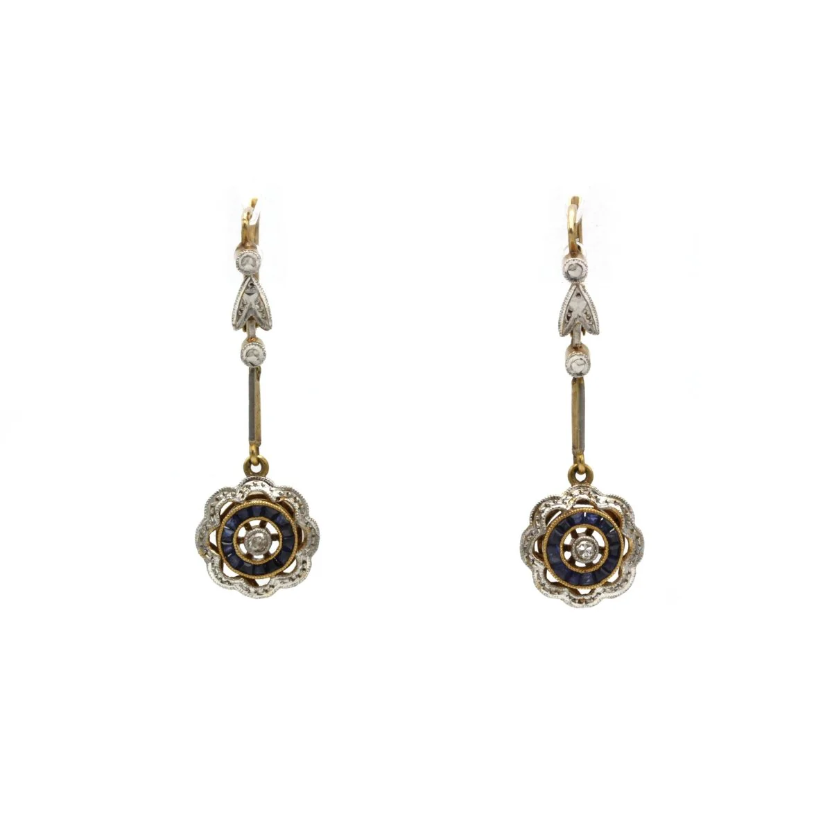Boucles d'oreilles Dormeuses en or jaune, or blanc, saphirs et diamants