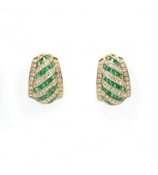 Boucles d'oreilles Puces Or. diamants et émeraudes