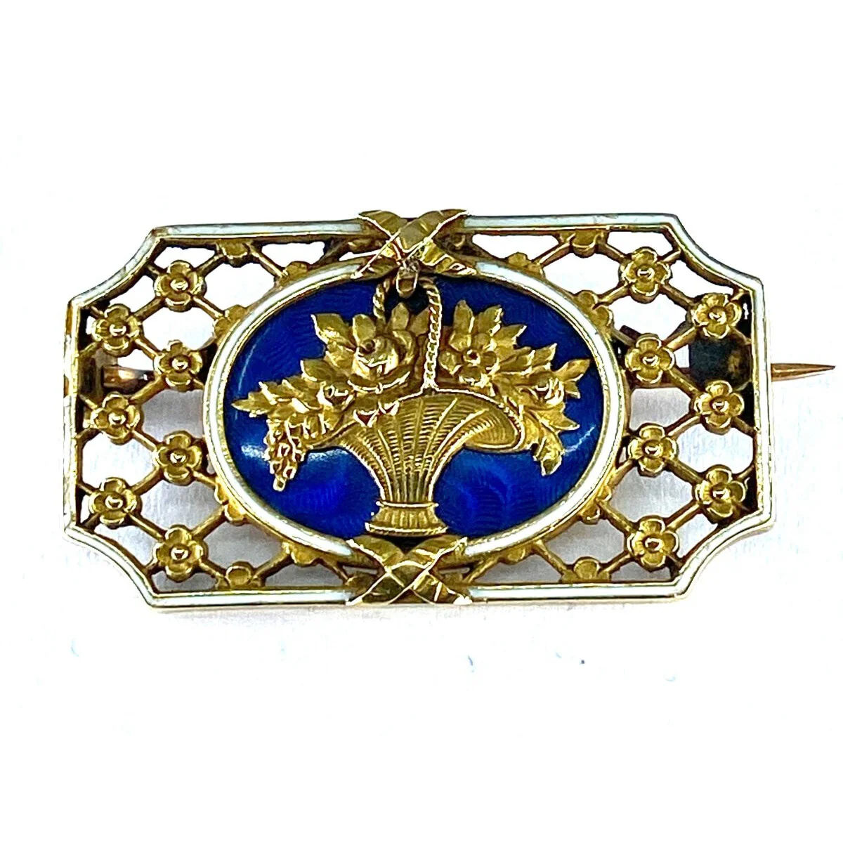 Broche en or 18 carats : panier fleuri , émail bleu et blanc.Napoléon III. - Image 3