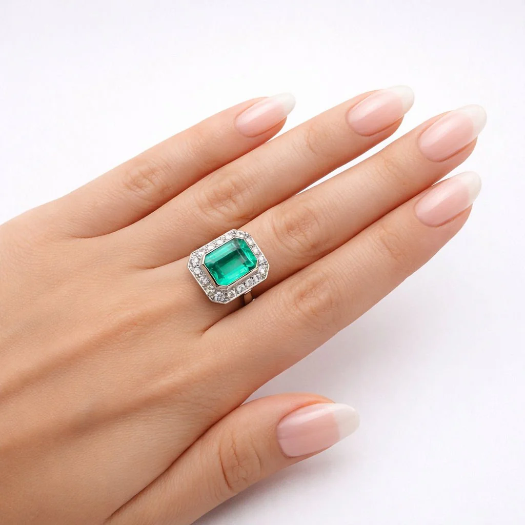 Bague Entourage en platine, émeraude et diamants - Image 2