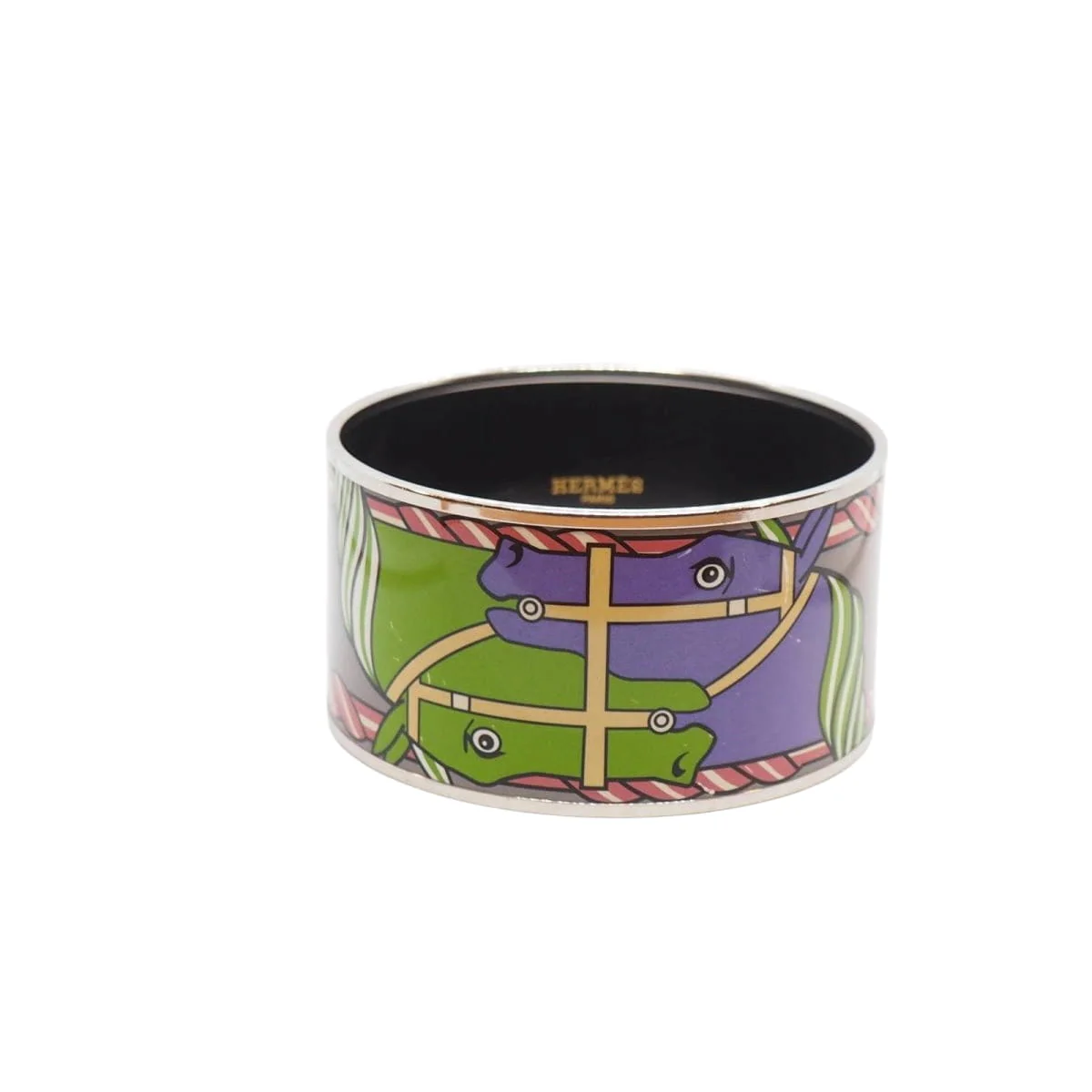 Bracelet Hermès manchette en métal argenté émaillé