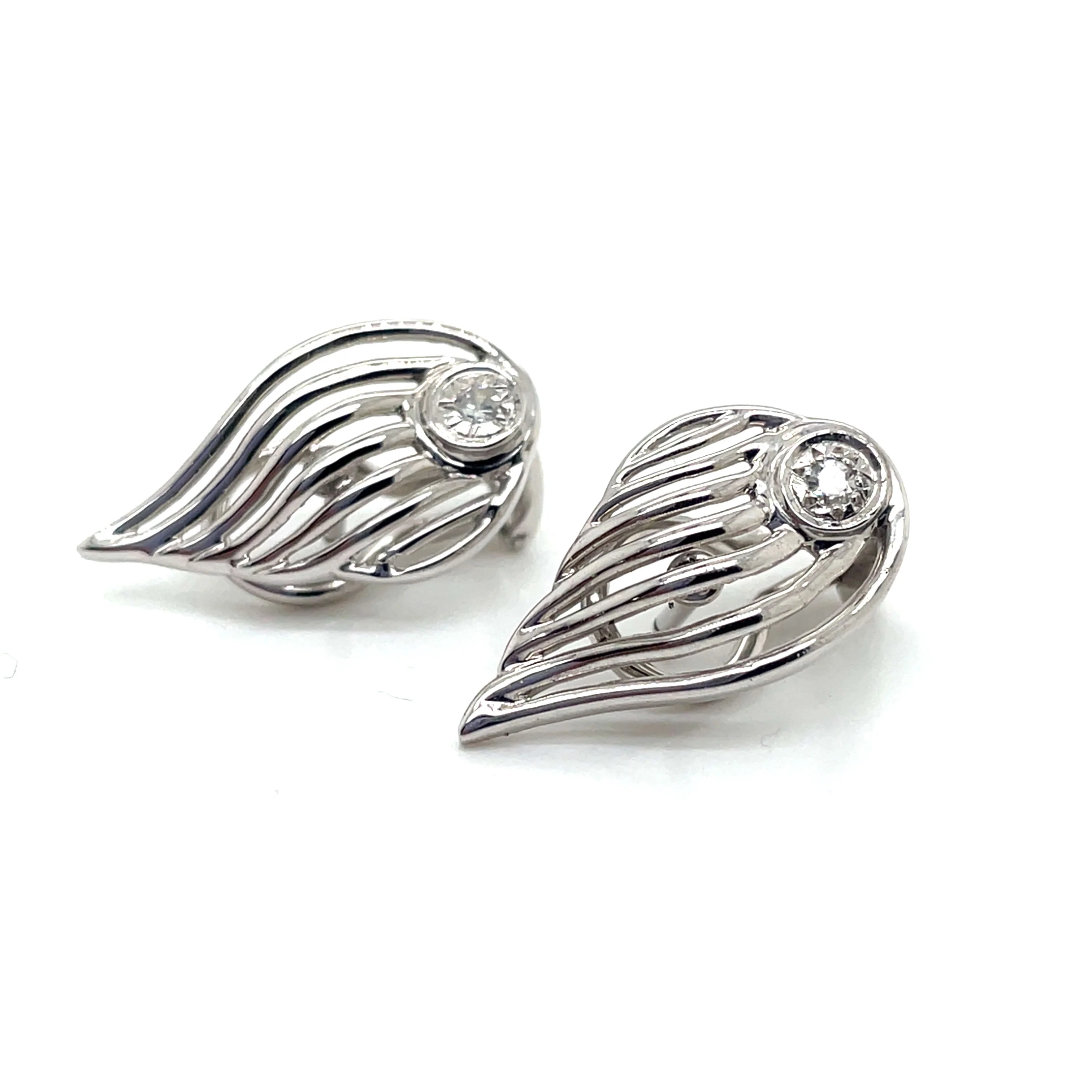 Boucles d Oreille Vintage Diamants Or Blanc Motif Feuille - Image 2