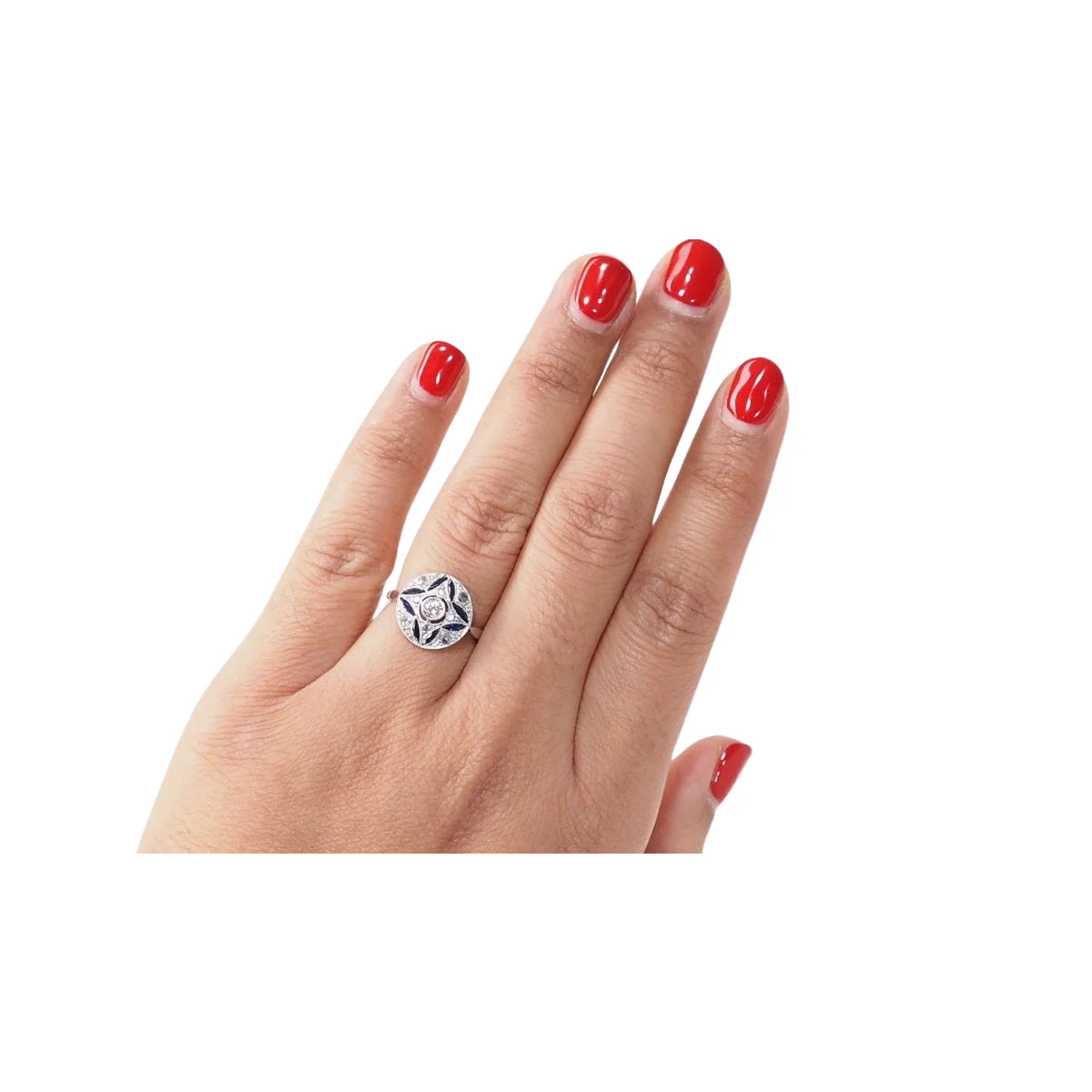 Bague Art Déco en or blanc, saphir calibrés et diamants - Image 2