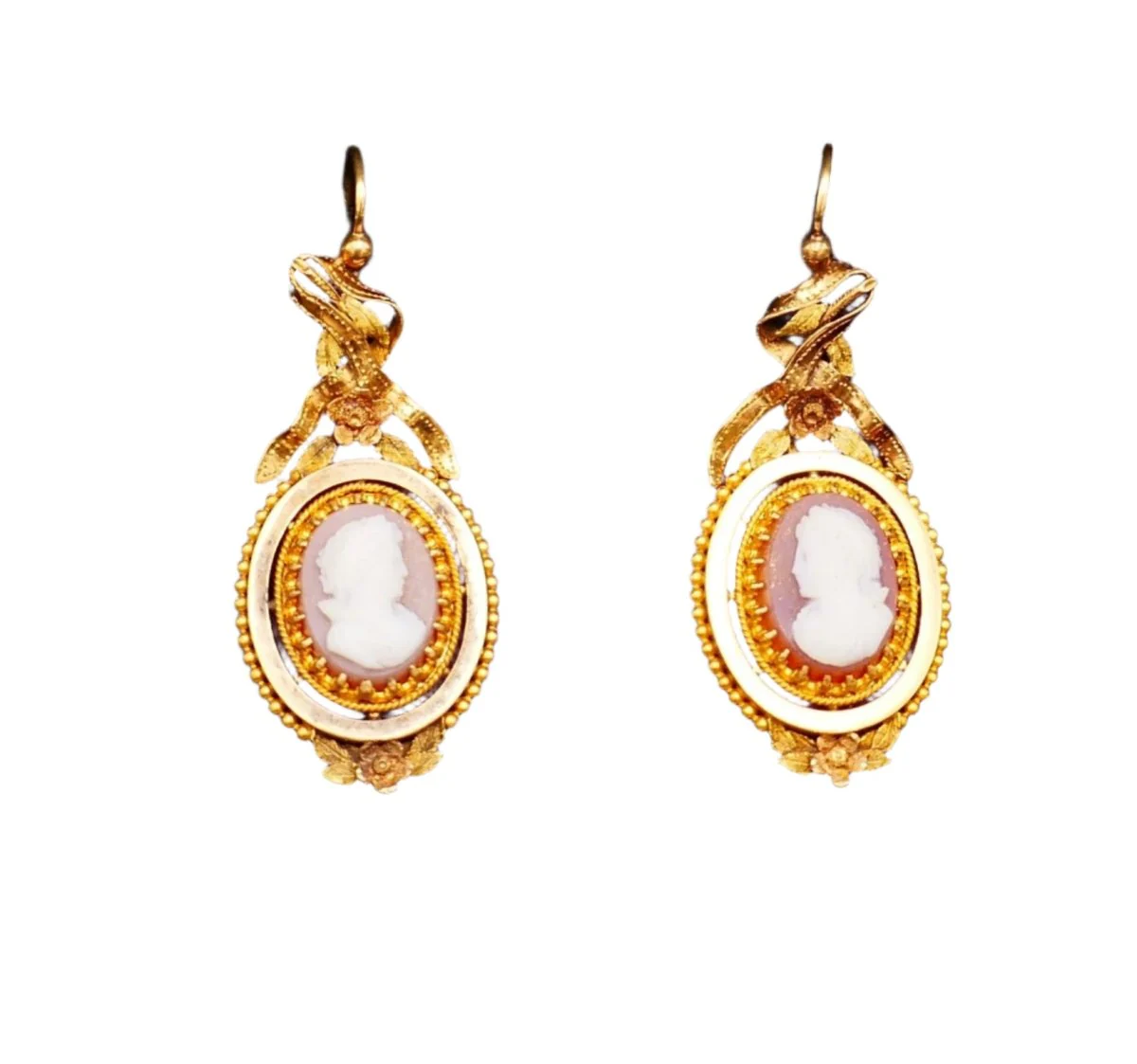 Boucles d'oreilles Pendantes en or jaune, camée et agate - Image 4