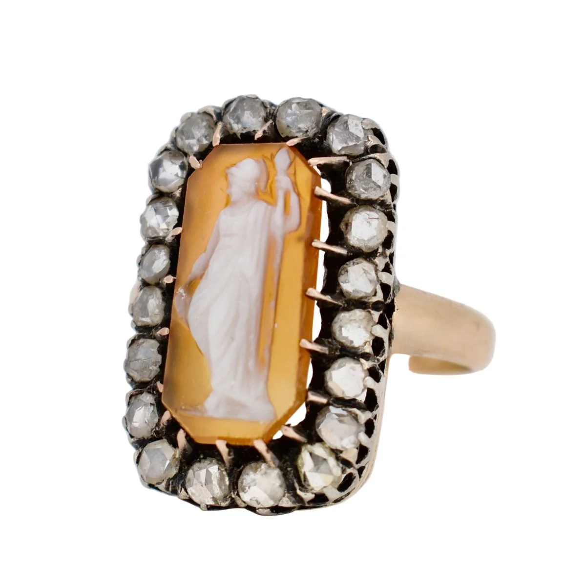 Bague Entourage en or jaune, argent, camée et diamants - Image 3