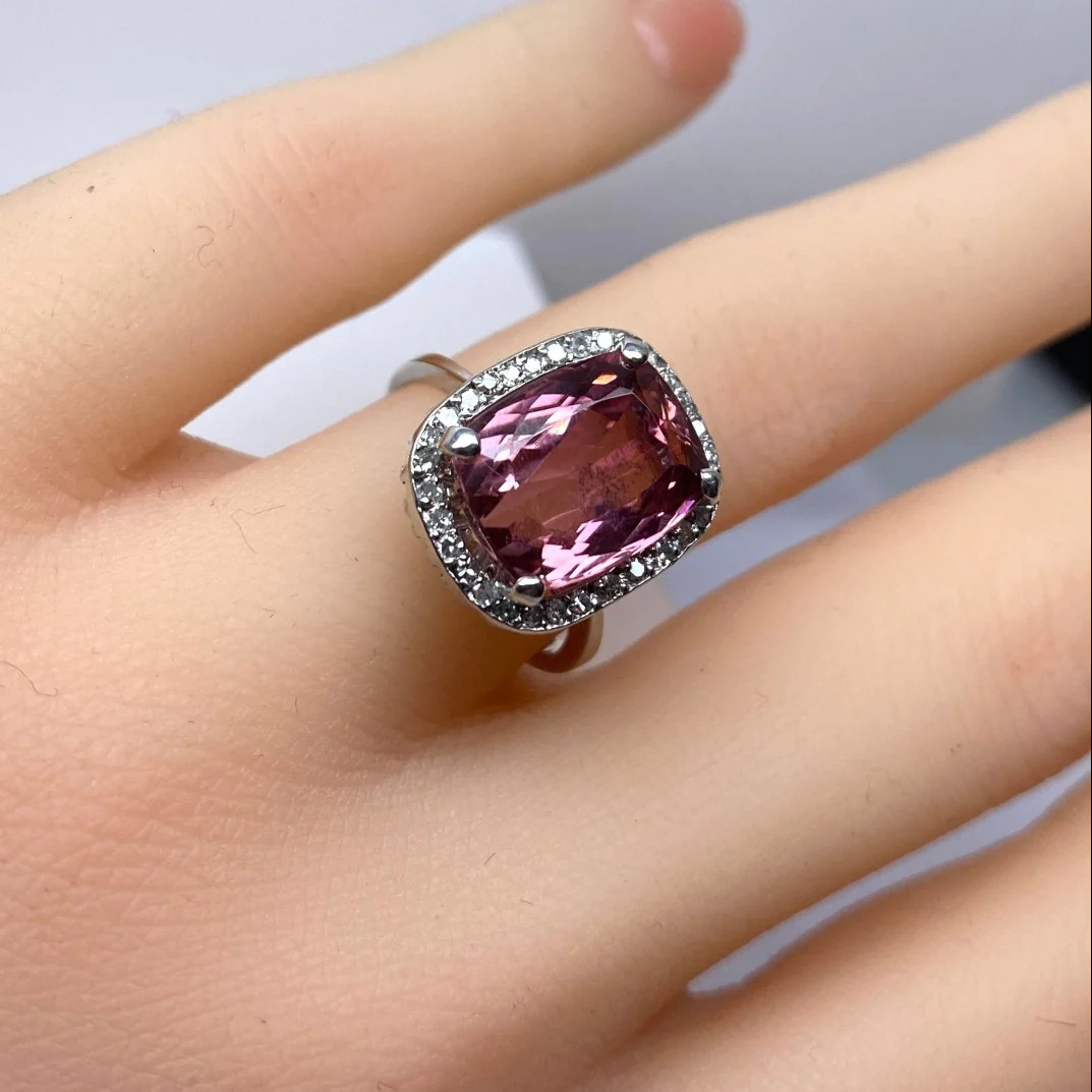 Bague en or blanc 18 carats, tourmaline rose et diamants - Image 2