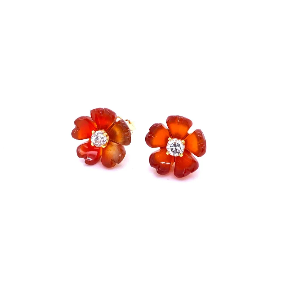 1960s Diamond Carnelian Stud Flower Earrings - Image 2