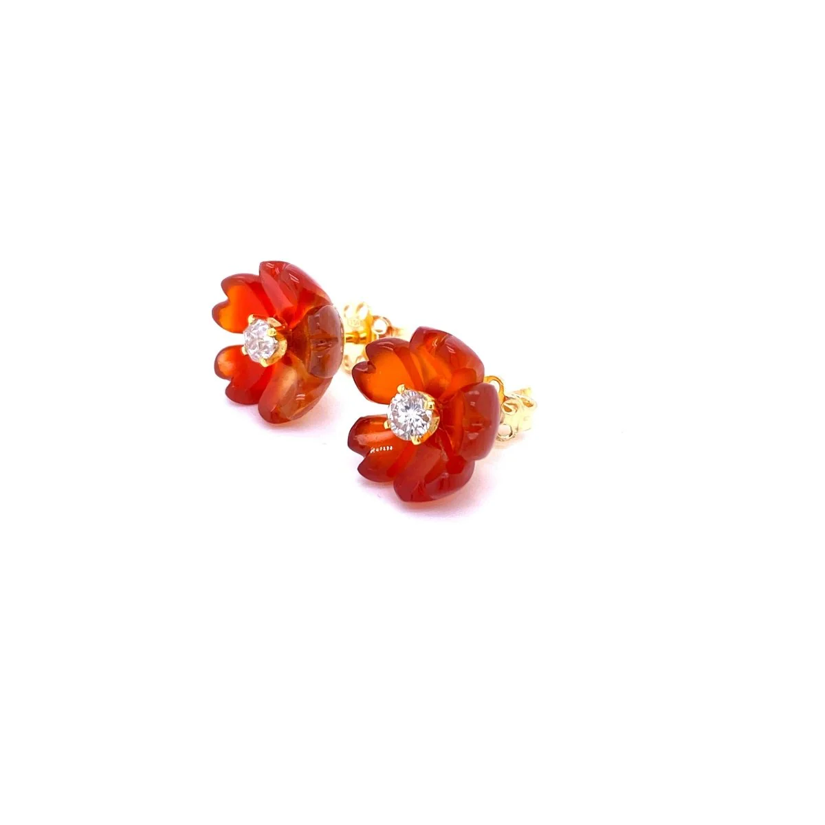 1960s Diamond Carnelian Stud Flower Earrings - Image 4