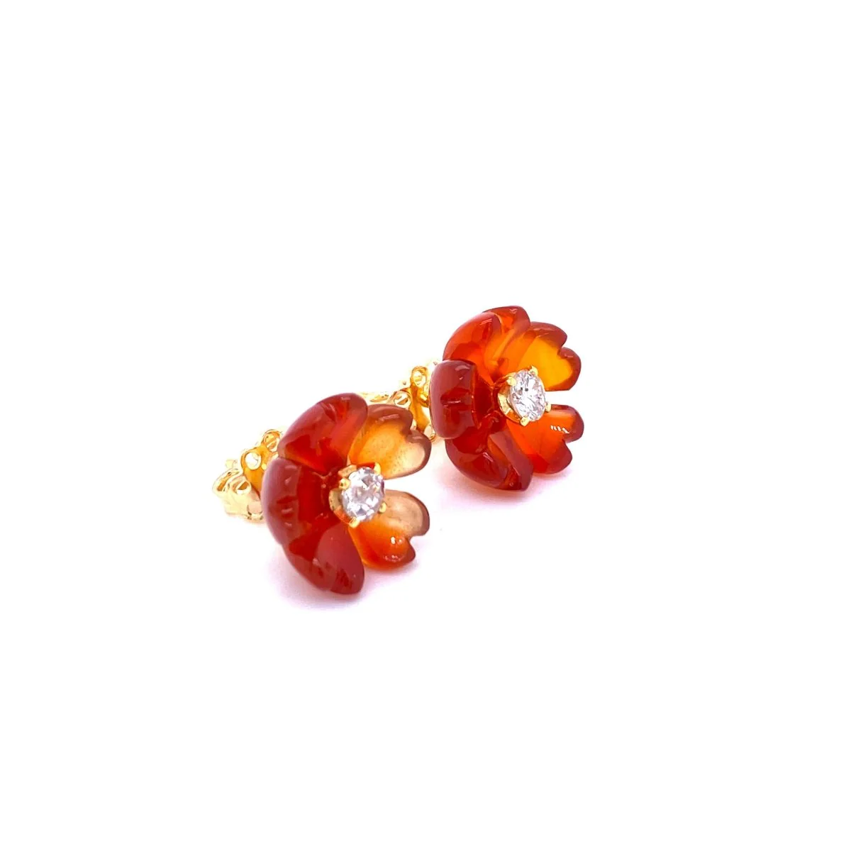 1960s Diamond Carnelian Stud Flower Earrings - Image 7