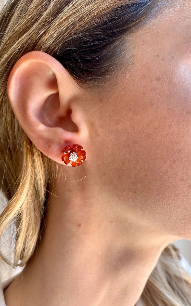 1960s Diamond Carnelian Stud Flower Earrings - Image 8
