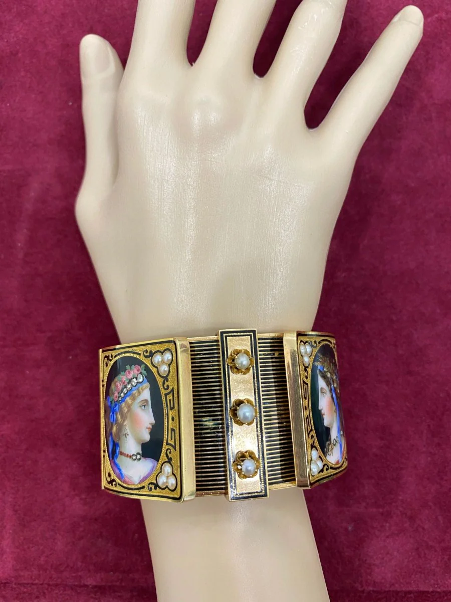 19th Century Austrian Enamel Diamonds Pearls Gold Portraits Bangle - Image 12