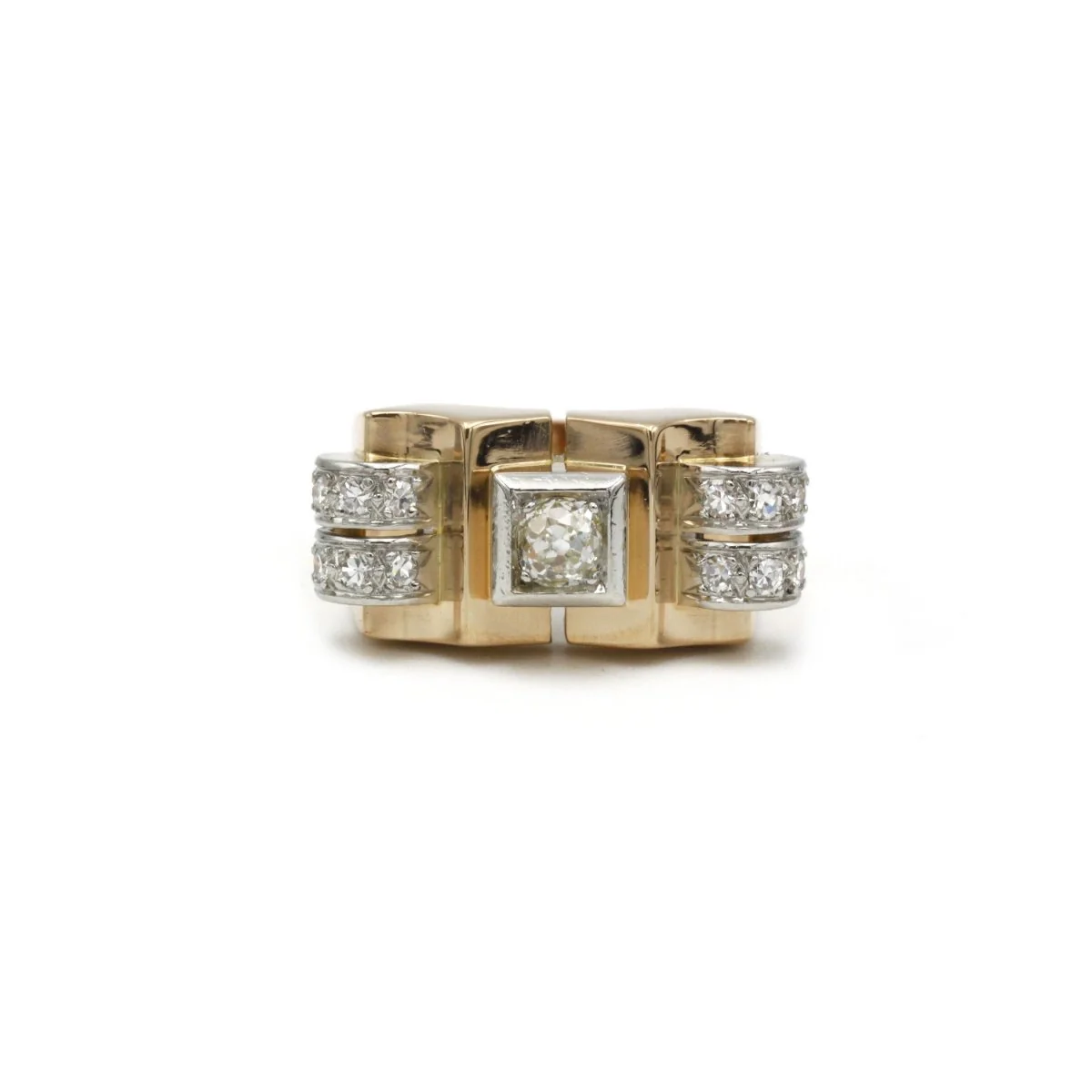 Bague Tank en or jaune, platine et diamants