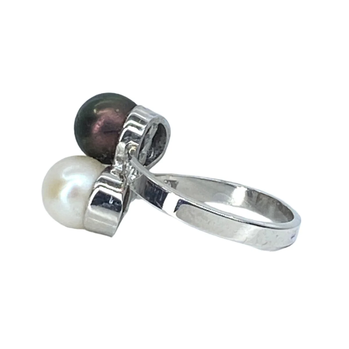 Bague Toi et moi en or blanc, perle tahiti et perle blanche - Image 4
