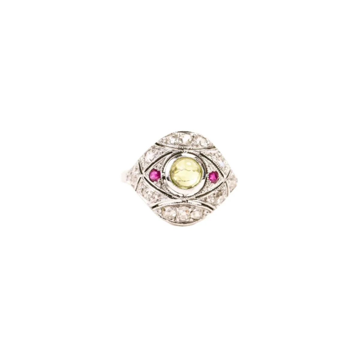 Bague Dôme Art Déco péridot rubis diamants
