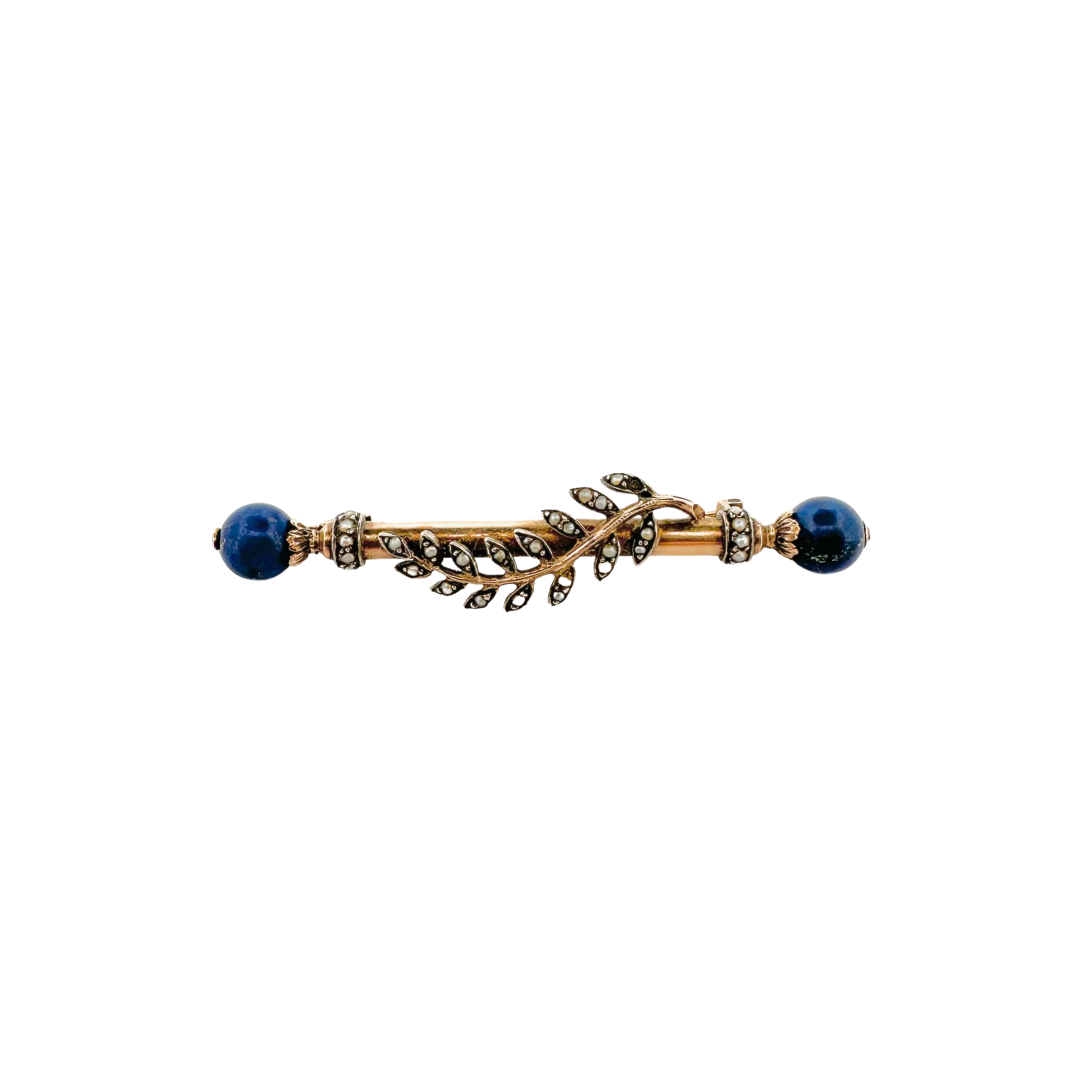 Broche en or rose, lapis-lazuli et perles
