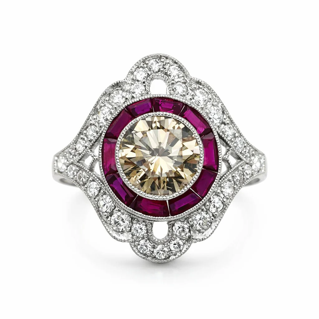 ANILLO EN PLATINO CON DIAMANTES Y RUBIES, ESTILO ART DÉCO