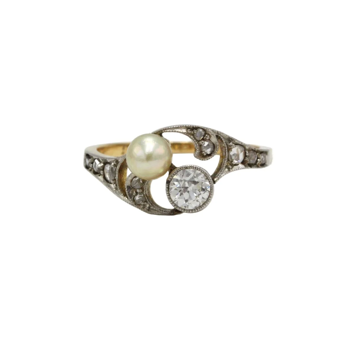 Bague Toi & Moi en or jaune, perle et diamants