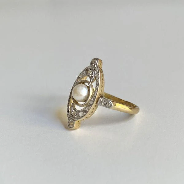 Bague en or jaune, platine, perle et diamants - Image 3