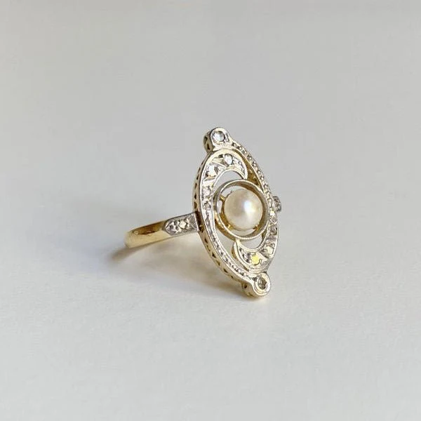 Bague en or jaune, platine, perle et diamants - Image 5