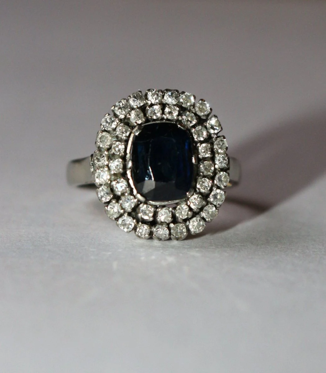 Bague Saphir Double Entourage Diamants Or Blanc - Image 2