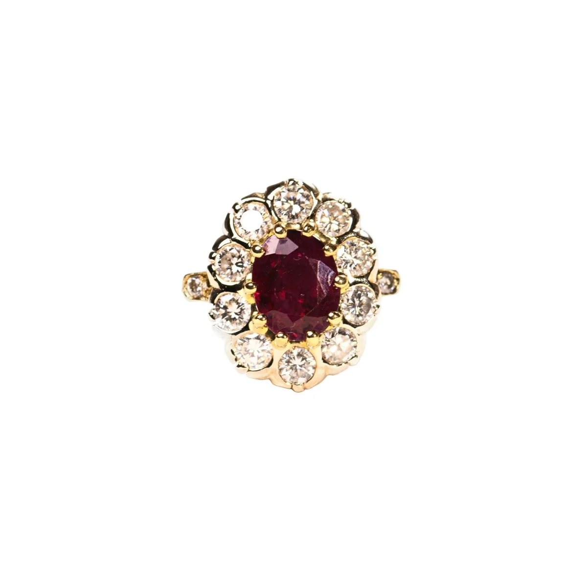 Bague Marguerite en or jaune, or blanc, rubis et diamants