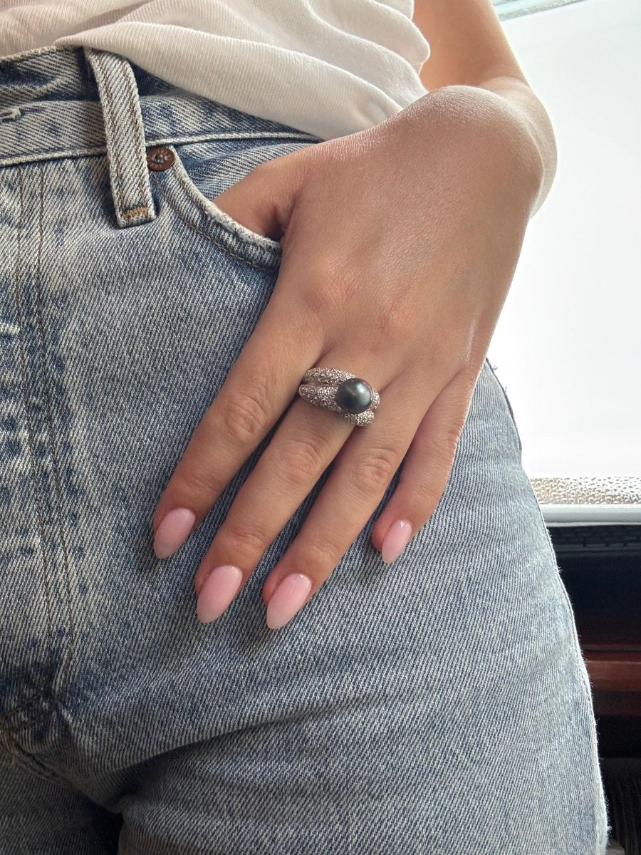 Bague or blanc 750 diamants environ 3 carats et perle de tahiti - Image 2