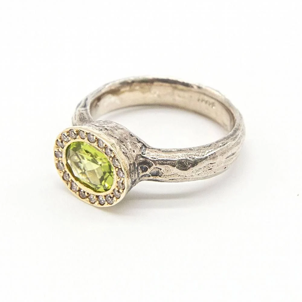 Bague en argent et or avec diamants et péridot - Image 6
