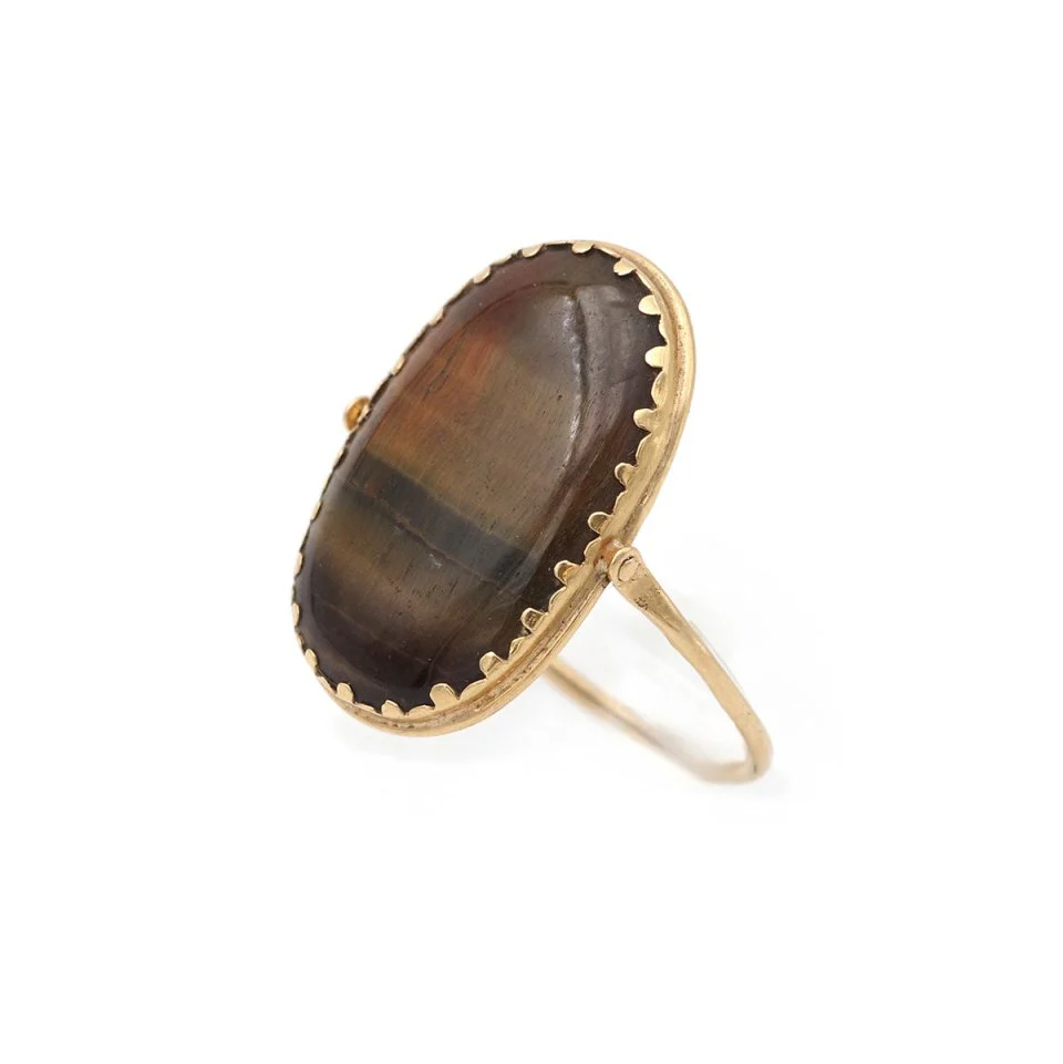 Bague Marquise en or jaune, oeil-de-tigre et quartz - Image 3
