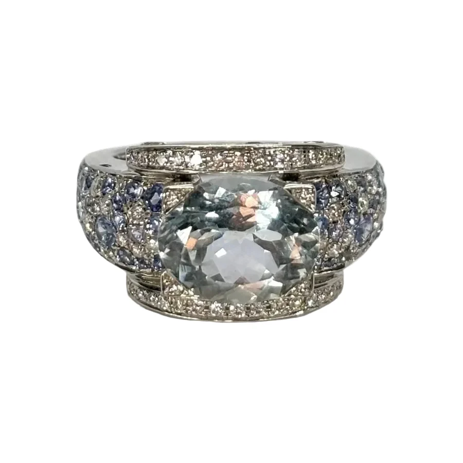 Bague Tank MAUBOUSSIN "Eternité" en or blanc, aigue-marine, saphirs, et diamants
