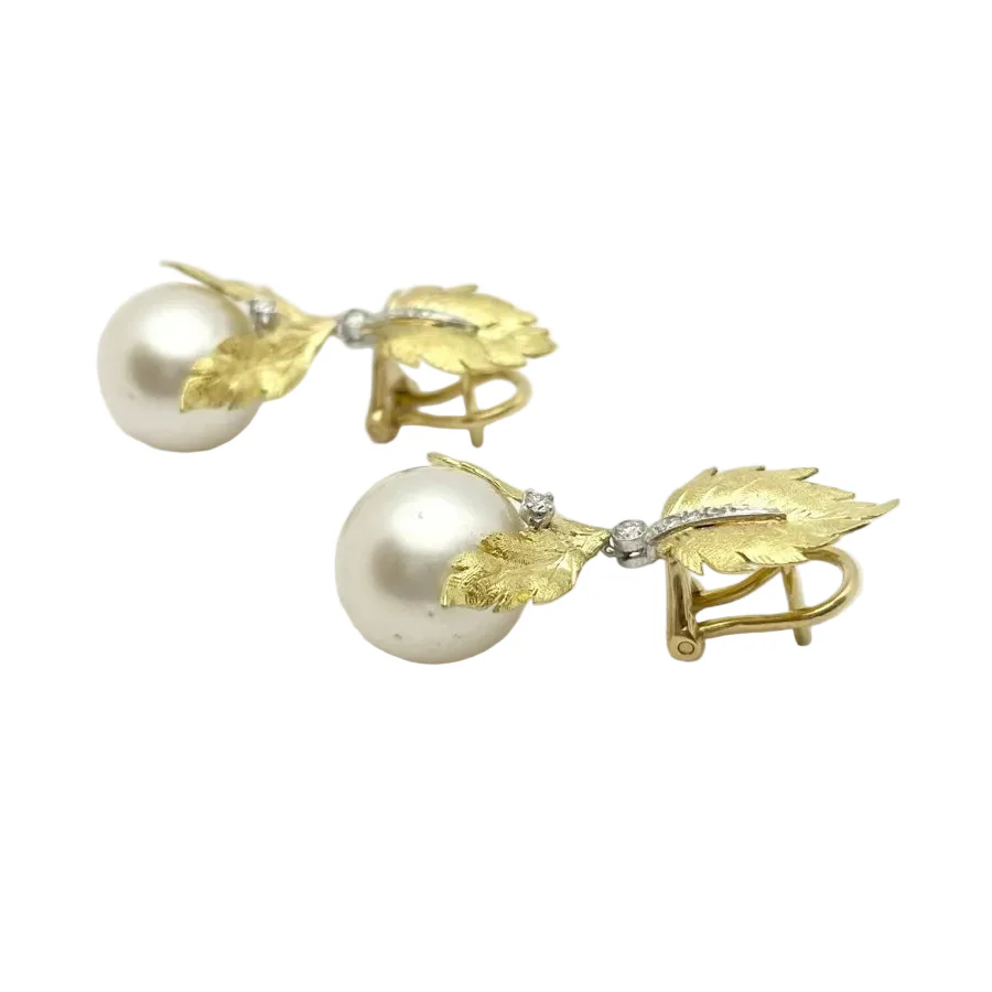 Boucles d'oreilles Clips en or jaune, perles et diamants - Image 2