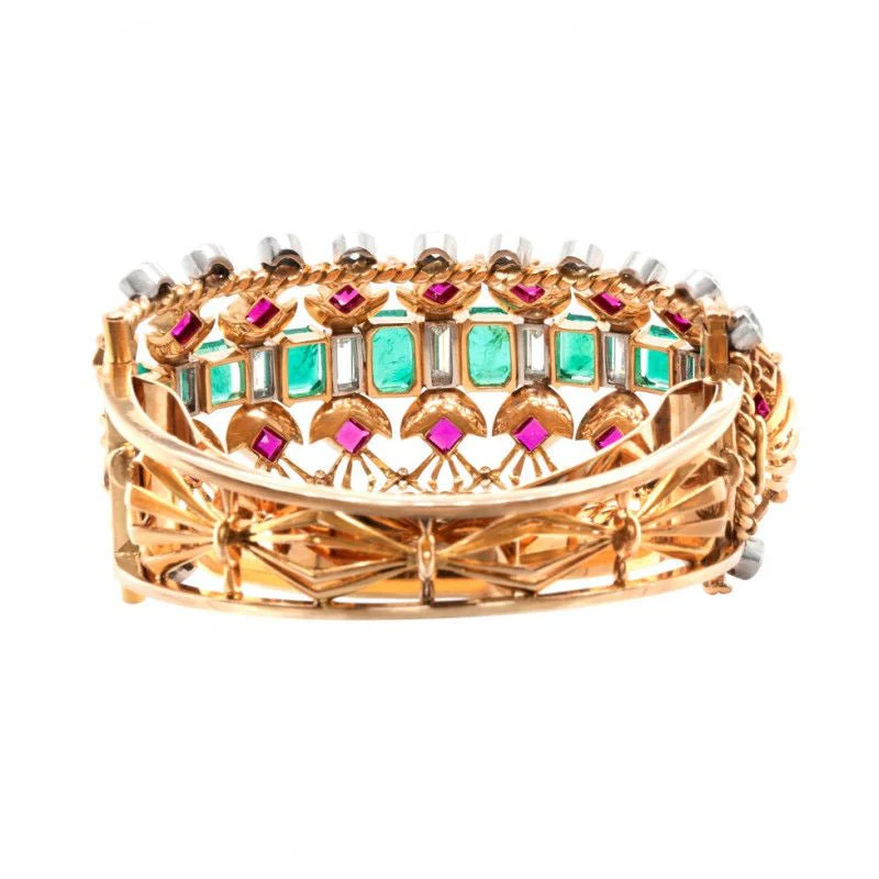 Bracelet 1940 Or Jaune, Emeraudes de Colombie, Diamants et Rubis - Image 3
