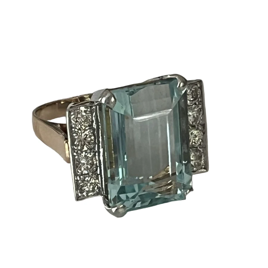 Bague Cocktail en or jaune, or blanc, agieu-marine et diamants - Image 4