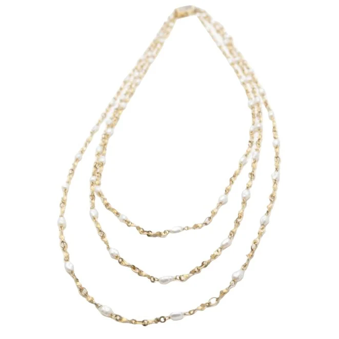 Collier Sautoir en or jaune, or blanc et perles