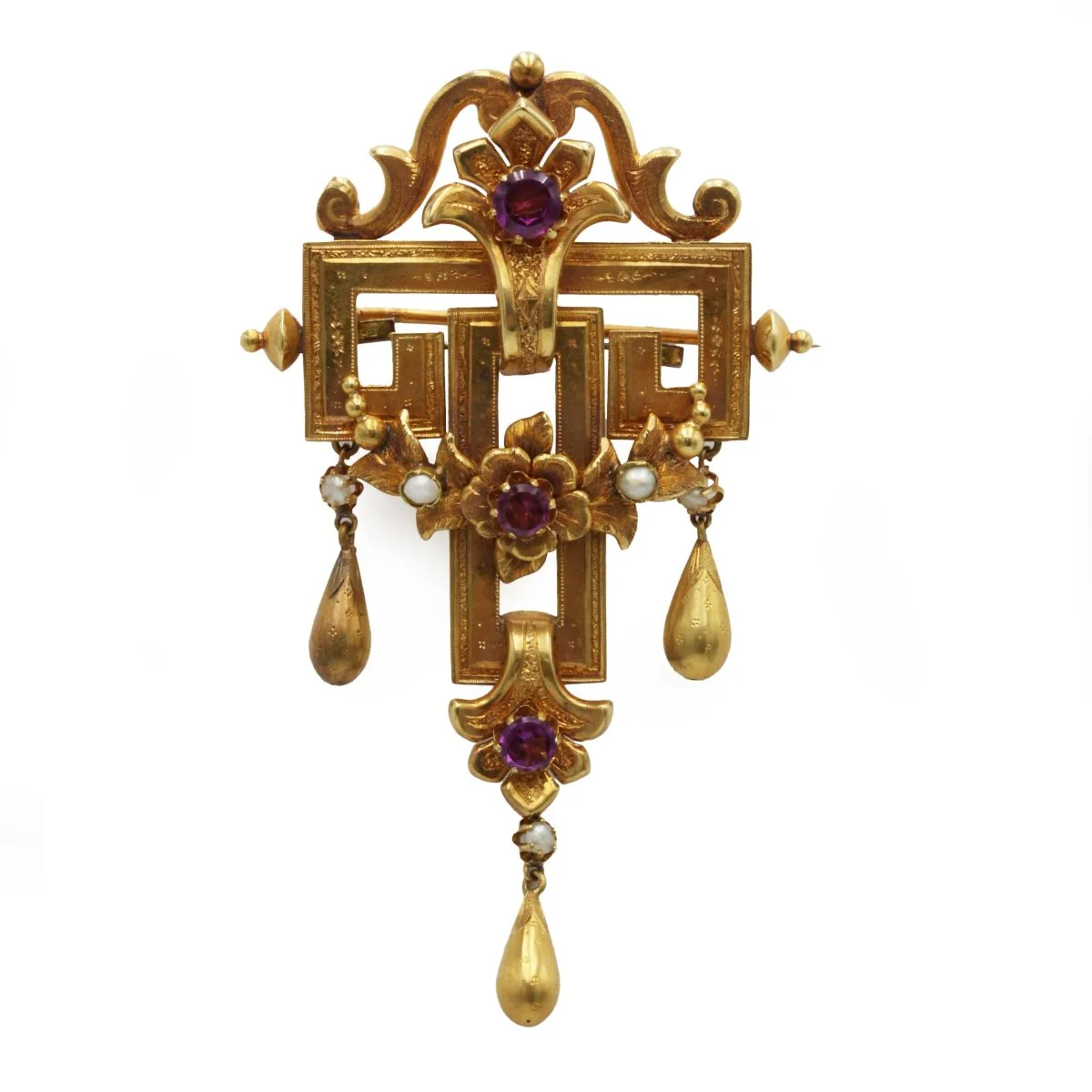 Broche Épingle en or jaune, perles et grenats