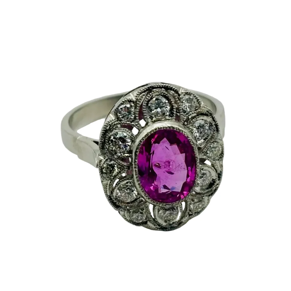 Bague Entourage en platine, saphir et diamants - Image 2