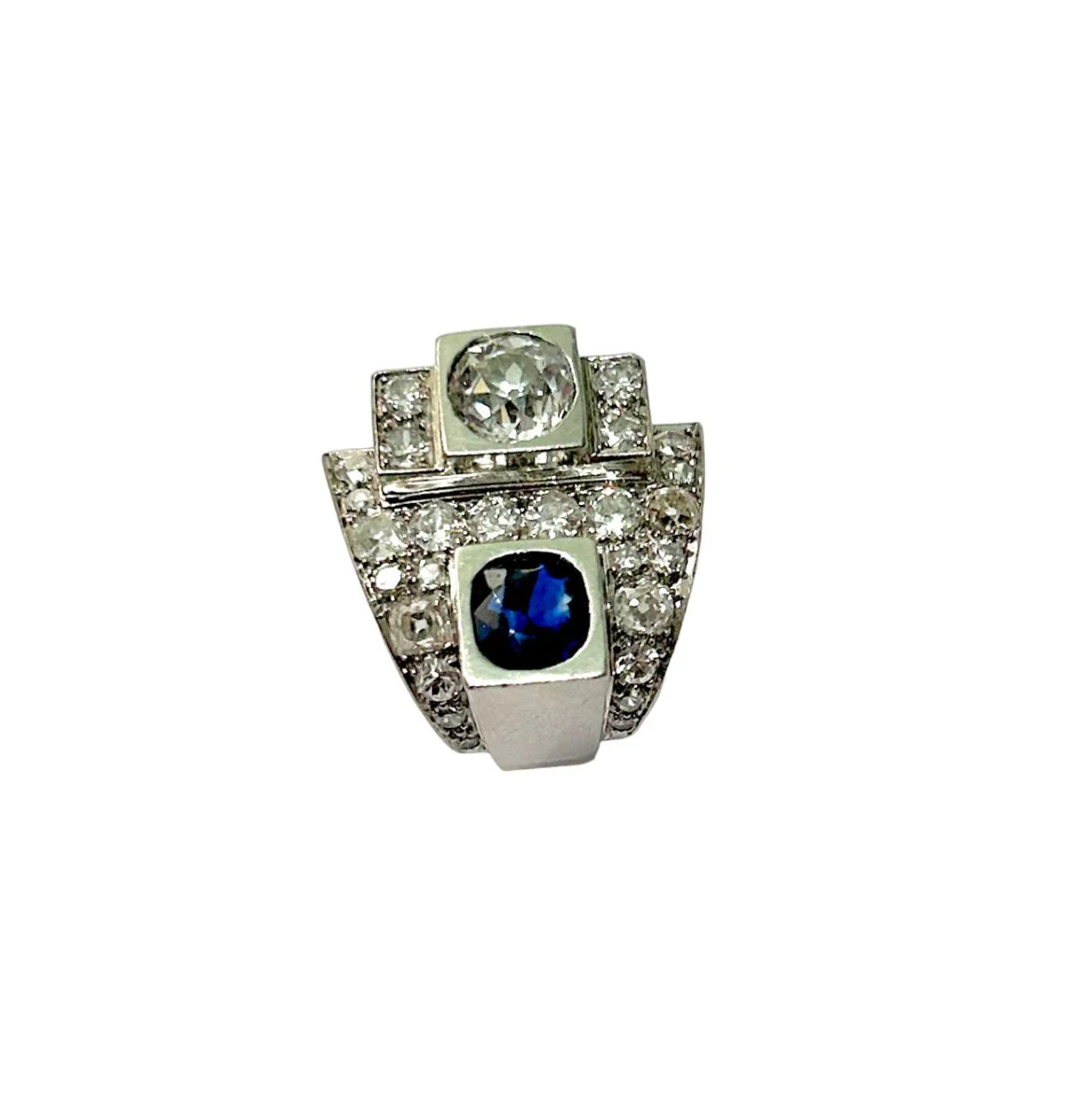 Bague Art Déco en platine, diamants et saphir - Image 3