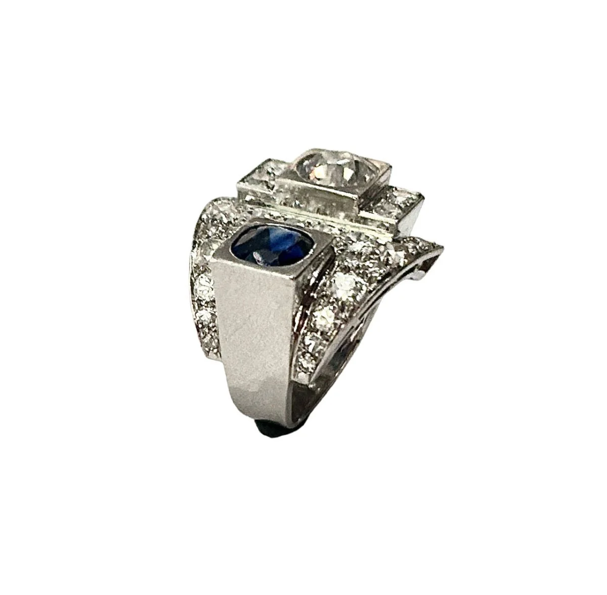 Bague Art Déco en platine, diamants et saphir - Image 4