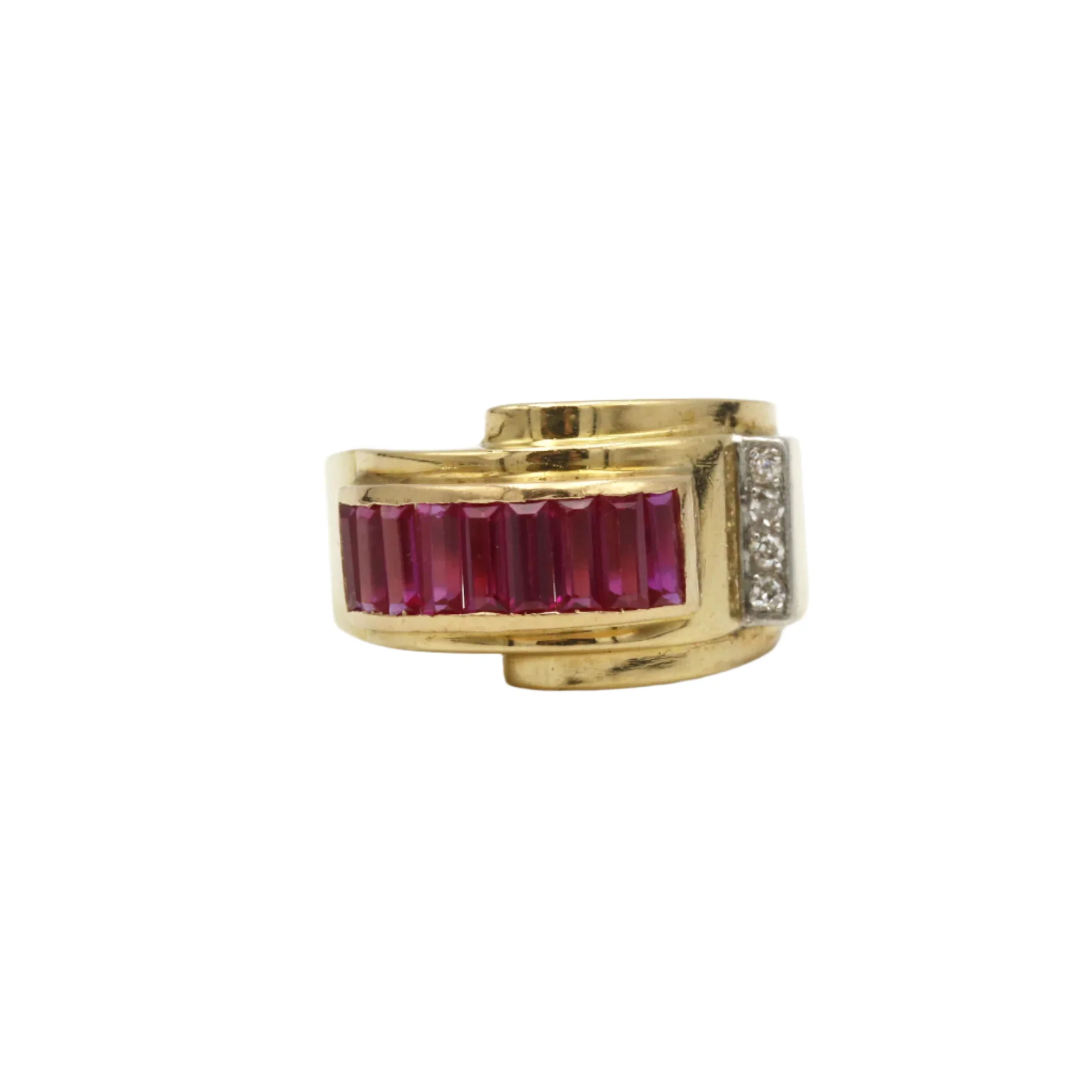 Bague Tank en or jaune, rubis et diamants