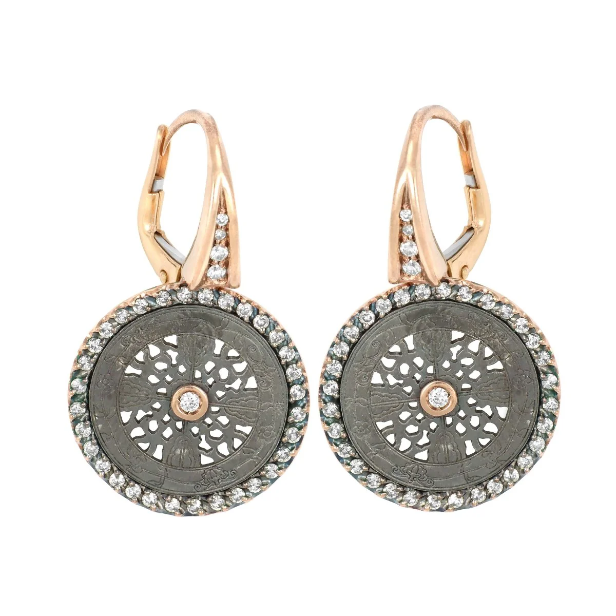 Boucles d'oreilles Dormeuses en or rose, argent et diamants