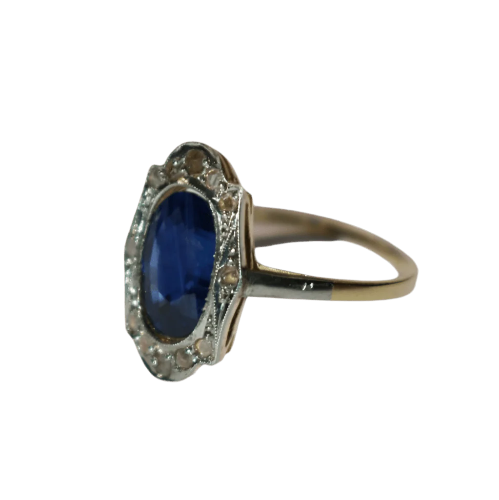 Bague Entourage en or jaune, or blanc, saphir et diamants - Image 3