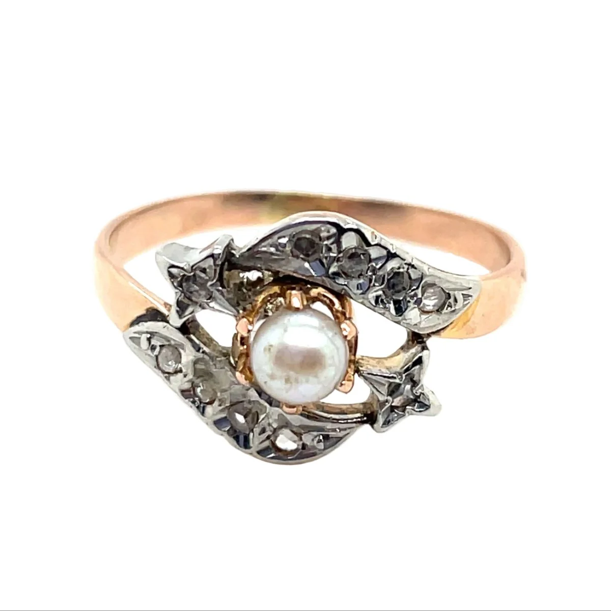 Bague en or jaune, or blanc, perle et diamants